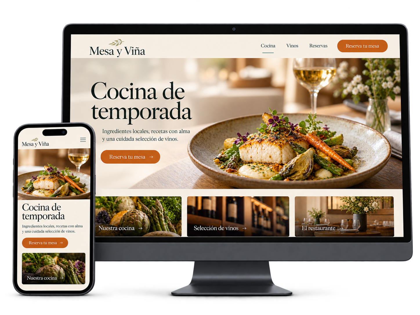 Ejemplo conceptual de una web de restaurante adaptada a ordenador y móvil