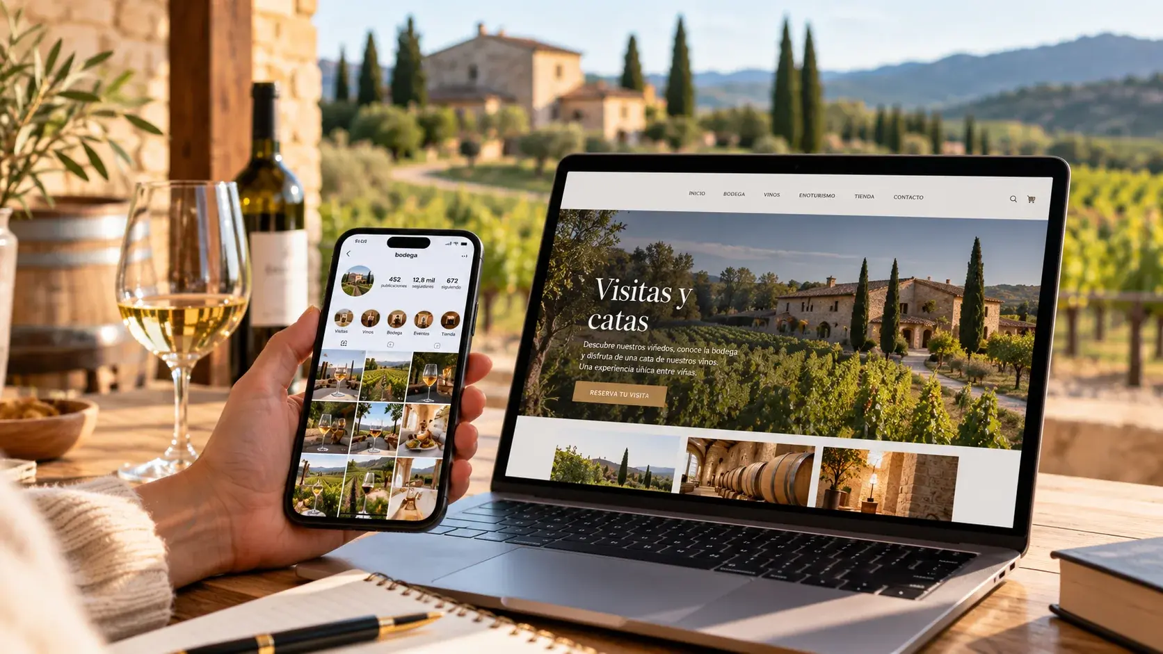 Redes sociales y web de una bodega: un móvil con Instagram junto a un ordenador con la página de visitas y catas.